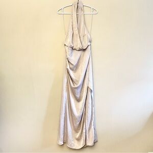 PrettyLittleThing Smokey Cream Satin Halter Dress Ruched Side High Slit